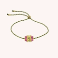 Colorful woven cord bracelet with gold barrel bead and fuchsia enamel zircon pendant - Pink Bracelet