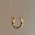 U-shaped horseshoe necklace in gold finish with vibrant multi-color zircon stones - Gold Colorful Horseshoe