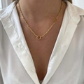 Minimalist gold paperclip chain necklace with round buckle ring pendant on female model - No.4 Open Link Necklace