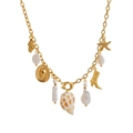 Close-up of golden chain necklace with mixed charms like starfish, shells and pearls - Conch Pearl Necklace