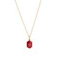 Detail view of gold-plated necklace featuring a red hexagonal pendant with center stone - Hexagon / Red