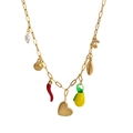 Detail of gold paperclip chain necklace with pearl, chili, and shell charms - Heart Lemon Necklace
