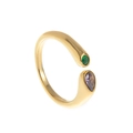 Detail of 18k gold plated open ring featuring round green and pear purple birthstones - February