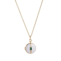 Golden round locket necklace with white enamel and rectangular green gemstone - Symmetric Round White