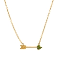 Detailed view of gold arrow necklace featuring a vibrant green heart gemstone pendant - August