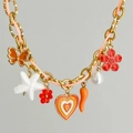 Collier chaîne dorée avec cordon orange et breloques émaillées colorées style bohème - Cœur Orange