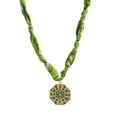 Green silk cord necklace with gold octagonal pendant and colorful zircon stones - Octagon - Green