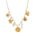 Detail view of gold ocean charms turtle sun shells and pearls on woven cord necklace - No.6 White Yellow Rope Leaf Necklace