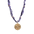 Purple paisley fabric necklace with golden sunburst pendant and LOVE lettering detail - LOVE - Purple
