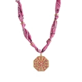 Pink paisley fabric necklace with a gold octagonal enamel pendant featuring colorful stones - Octagon - Pink