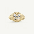 14K gold plated signet ring with bow pattern and star set crystals in matte finish - White with Bowknot / Gold