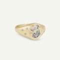 Golden titanium signet ring with skeleton illustration and sparkling star accents - Skull Hug / Gold