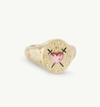 Anillo de sello vintage en oro de 14K con corazón rosa, diseño de llama y diamantes - Anillo del Corazón Roto