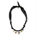 Bohemian black paisley fabric cord necklace with golden key and poker card pendants - Clover-Black