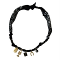 Black paisley fabric necklace with golden charms including good luck tag and dice - Dice - Black