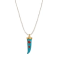 Close-up of pearl necklace with a turquoise cornicello pendant and red stones - Beaded-White