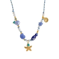 Collier marine avec pendentifs étoile de mer dorée et poisson sur corde bleue - Étoile de Mer Poisson Bleu