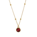 Gold stainless steel beaded necklace featuring a round red zircon gemstone pendant - Round Red Pendant / July Necklace (JFNK251105Q)