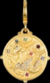 Gold Capricorn coin pendant with colorful rhinestones in a vintage matte finish - Capricorn