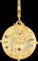 Gemini zodiac pendant in vintage gold finish with embossed figures and colorful gems - Gemini