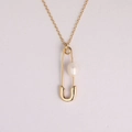 Gold finish safety pin necklace with a white freshwater pearl pendant on a slim chain - Gold Necklace Freshwater Pearl