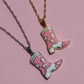 Pink and white western cowboy boot necklaces with star charms in gold and silver plating - Silver Enamel Boot