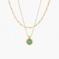 Double-layered 14K gold-plated necklace with green aventurine pendant and Figaro chain - Double Layer Necklace / Gold-Green