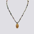 Detail of vintage copper necklace with red gemstones and colorful mineral beads - Multi-color Beaded Hollow Gold Pendant / Multi-zircon Necklace
