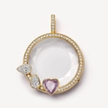 Pendentif médaillon rond doré avec gemme cœur violette et pierres blanches facettées - Collier Médaillon Transparent Style C / Collier Style C