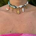 Detailed close-up of a bohemian scarf choker with heart pearls and gold charms - Sun Pearl Style