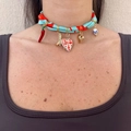 Choker necklace featuring colorful silk ribbon with heart and pearl charms, plated 18k gold - Heart and Chili Style