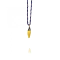 Detailed shot of dark blue beaded necklace featuring a yellow chili pendant and red knots - Yellow Chili Pendant / Yellow