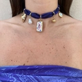 Bohemian purple fabric choker with gold heart, pearl and moon pendant charms - Square and Moon Style