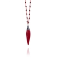 Detail of red chili pepper pendant with enameled glaze on a beaded cord necklace - Red