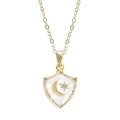 Gold shield pendant necklace featuring celestial moon and star motif in clear glass - Star Moon Necklace - Gold