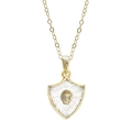 Gold finish shield necklace featuring a faceted glass pendant with a skull motif - Skull Necklace - Gold