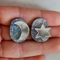 Close-up of celestial moon and star earrings featuring galaxy galaxy resin detail - Light Blue Moon Star Style