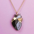 Golden anatomical heart pendant necklace with purple and black glitter enamel finish - Black Heart Necklace