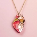 Golden anatomical heart pendant necklace featuring red and white enamel on a thin O-chain - Red Heart Necklace