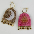 Asymmetric gold earrings featuring moon and sun motifs with elegant beaded tassels - Half Oval Yellow Pink Style