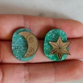 Bohemian gold plated crescent moon and star drop earrings with green marble texture - Green Moon Star Style