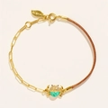 Pulsera cangrejo dorada con turquesa, cadena de clip y cordón trenzado marrón - Cangrejo Turquesa (Pulsera Turquesa)