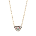 Golden 14K chain necklace with heart ceramic pendant featuring red rose floral patterns - Flower Heart (Paperclip Chain)
