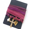Close-up of wine red gradient ribbon wrap with pearl, cross and heart charms - Purple Red Gradient Artificial Pearl Cross Heart Style (XZNK252234O)