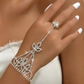 Silver crystal slave bracelet with ring and hollow geometric rhinestone pattern - Geometric Floral Pattern Style (997) / Silver