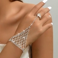 Sparkling silver rhinestone mesh hand harness with integrated ring for party jewelry - Geometric Row Rhinestone Style (1002) / Silver