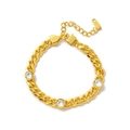 Gold stainless steel bracelet with three round cubic zirconia stones and lobster clasp - Curb Chain / Dotted Gold Bracelet