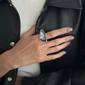 Chunky silver metal ring with a large faceted grey waterdrop acrylic gemstone - Grey Geometric Ring (00967)