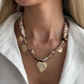Retro leopard print silk ribbon choker necklace with gold sparkling heart pendant - Leopard Heart Style (7573)