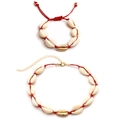 Handmade shell necklace and bracelet set with red woven cord and gold accent shell - Red Cord - Gold Combination